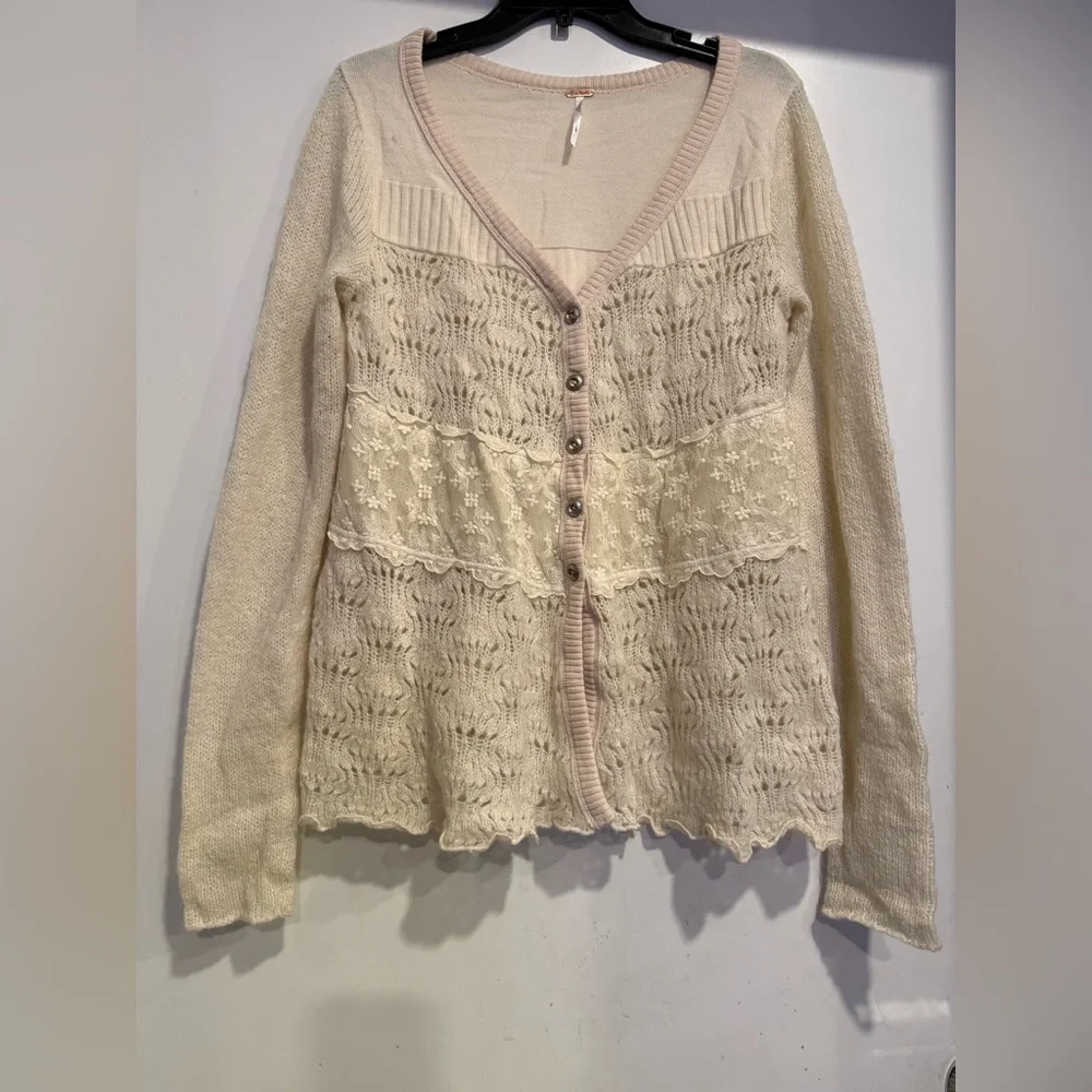 Free People Honeysuckle Years Lace Panel Crochet Wool Alpaca Blend Cardigan Sz L
